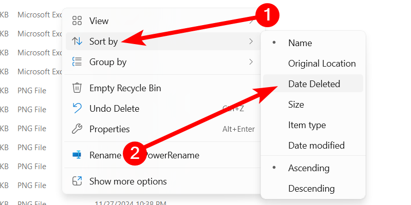 Sorting files by the deletion date in the Recycle Bin on Windows.