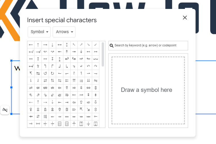 The Special Characters menu in Google Slides.