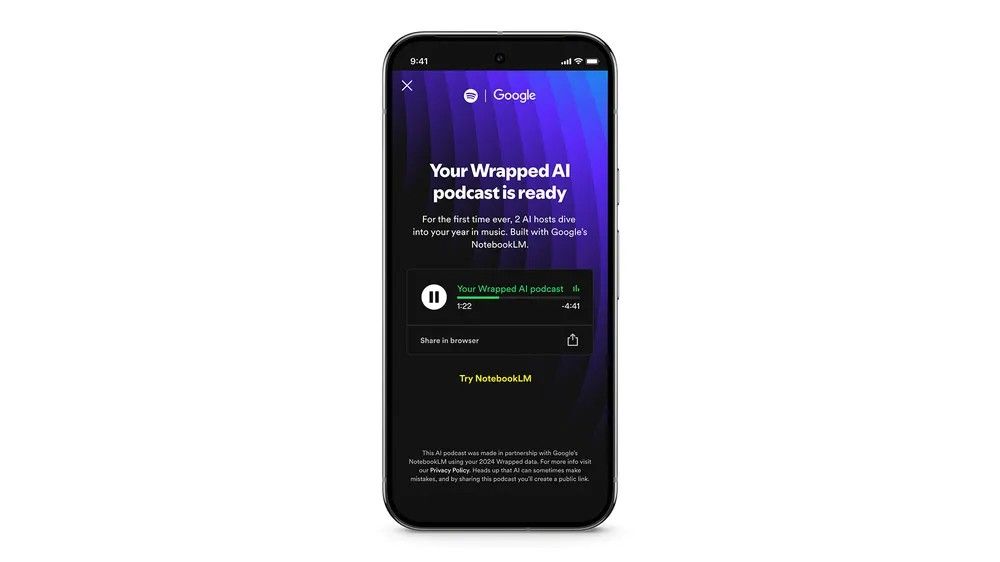 spotify ai wrapped podcast being played on a phone. The text says "Your wrapped AI Podcast is ready" with a description of it.