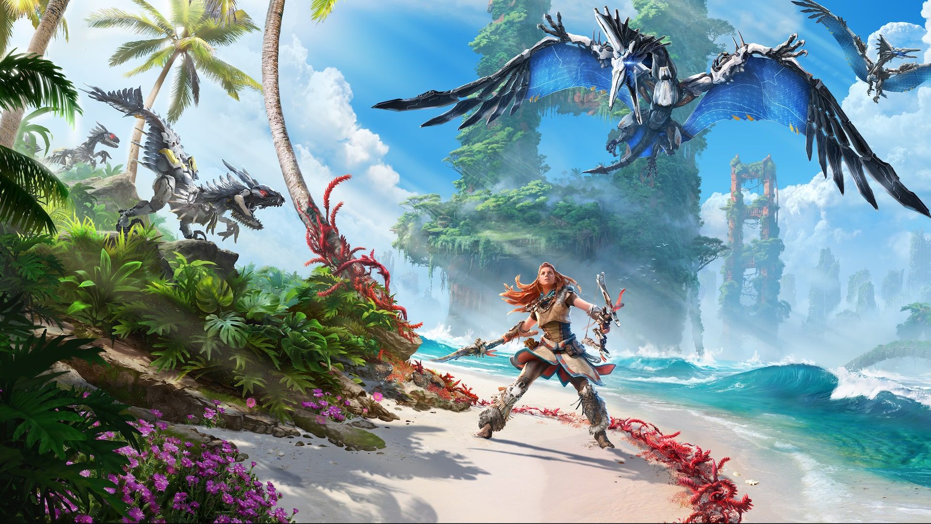 Aloy being approached by robot dinosaurs in Horizon Forbidden West.