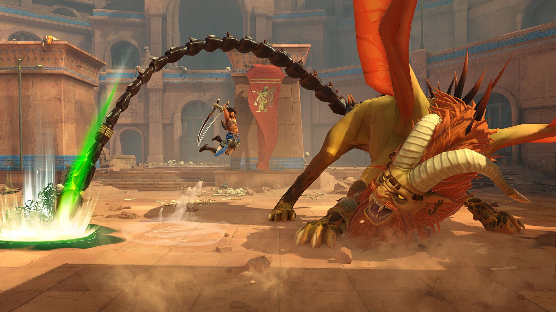 Protagonist of Prince of Persia: The Lost Crown jumping toward a monster.