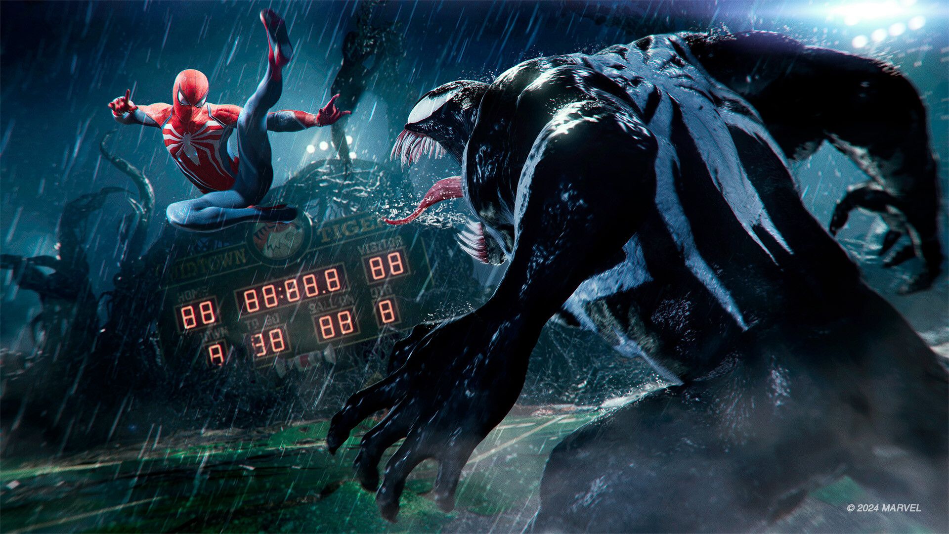 Spider-Man swinging toward Venom in the Spider-Man 2 video game.