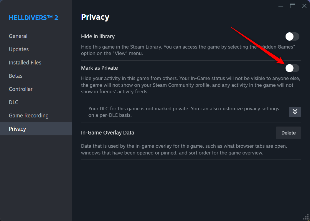 The privacy settings of a a Steam Game's properties on Steam.