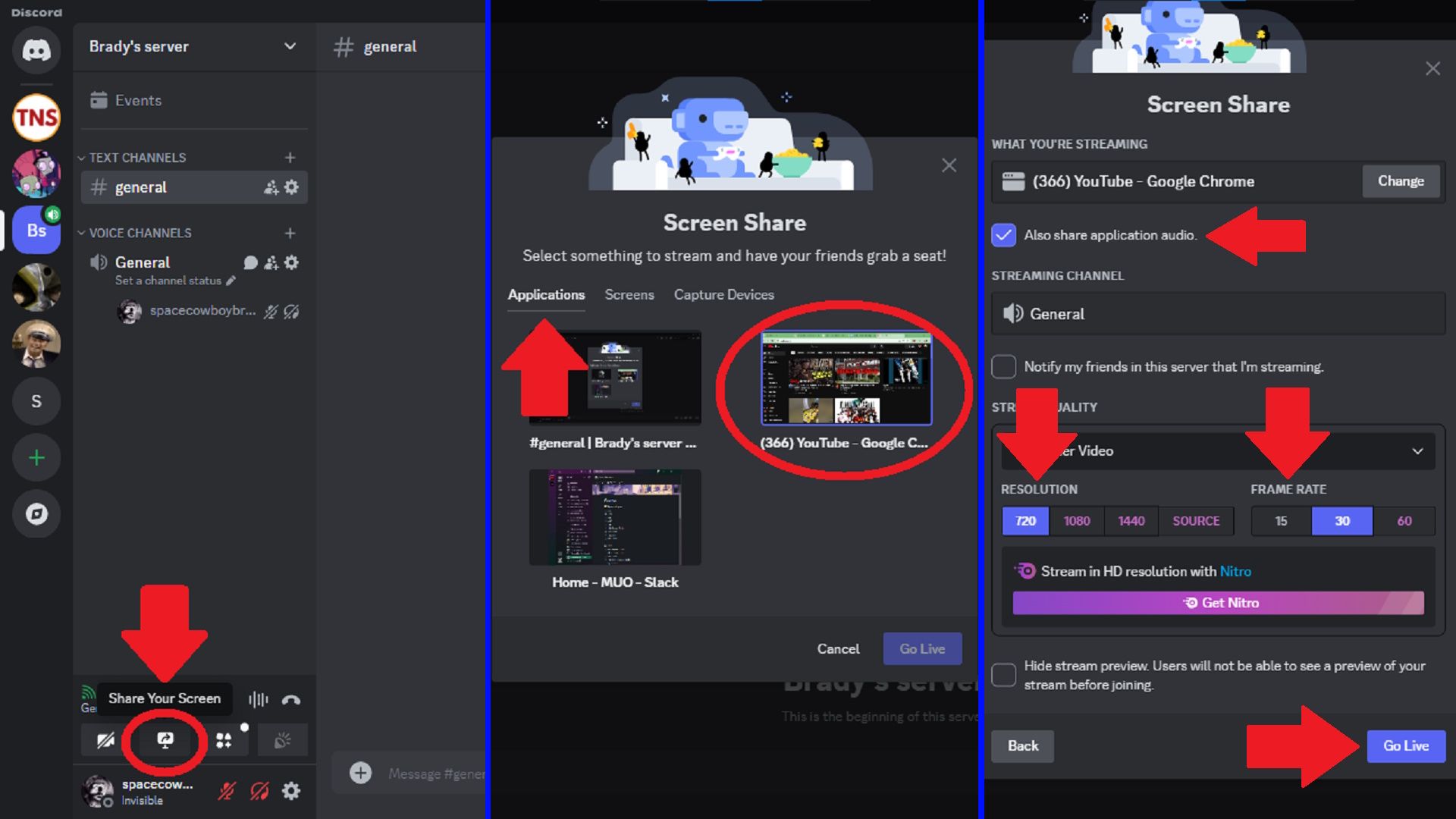 streaming youtube and youtube tv using share your screen in discord