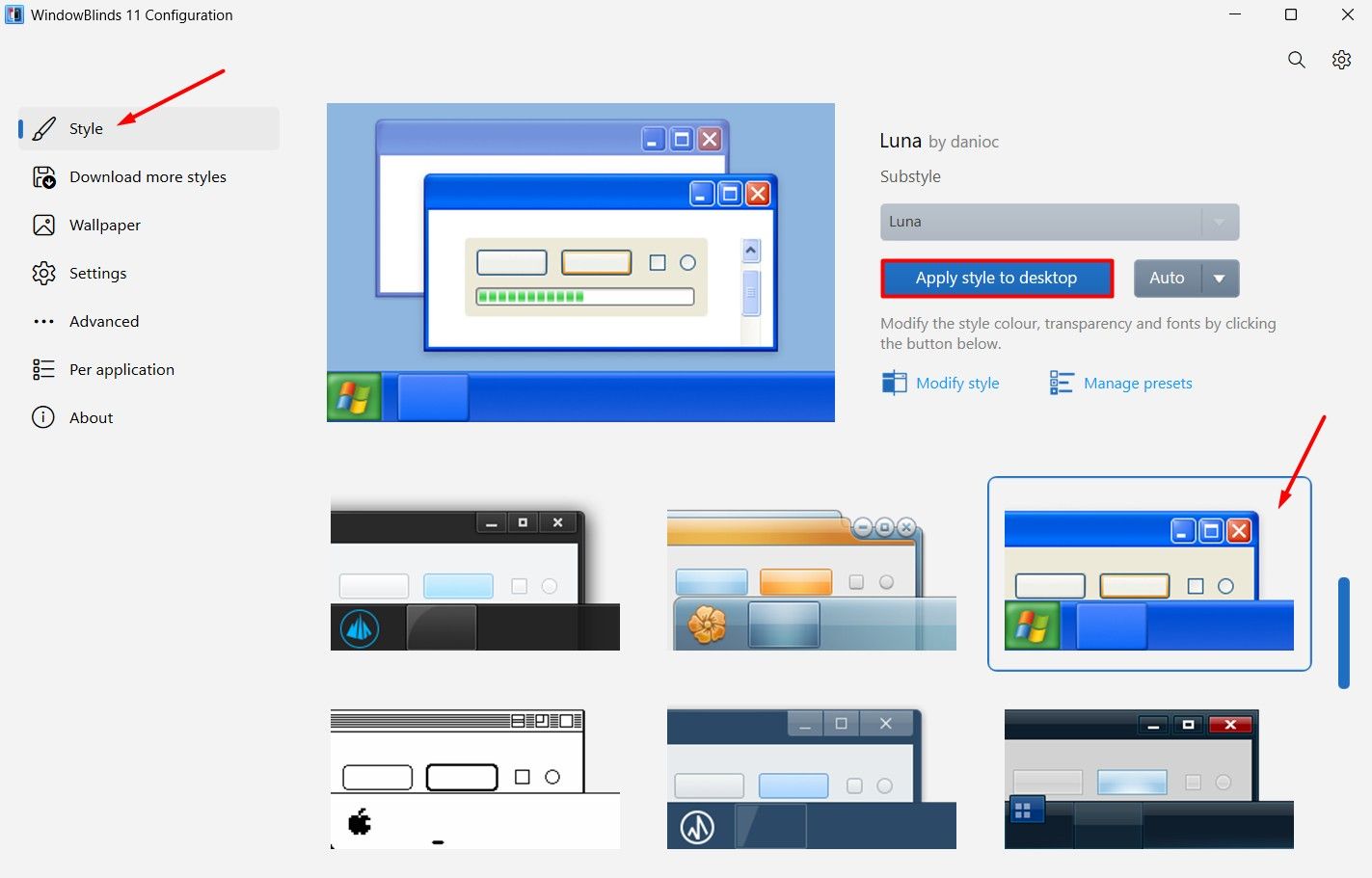 Style option in the WindowsBlinds 11 window.