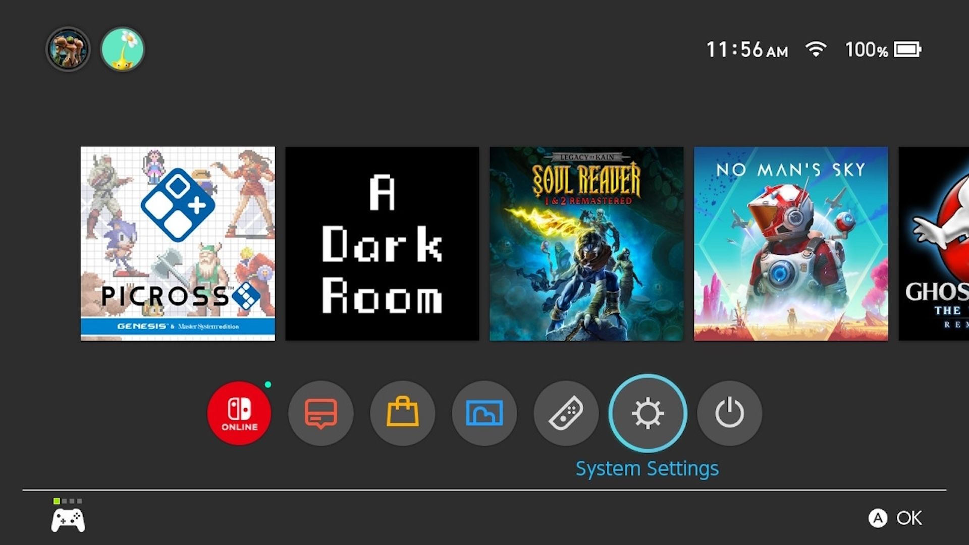 Switch Home screen with System Settings highlighted in the bottom menu.