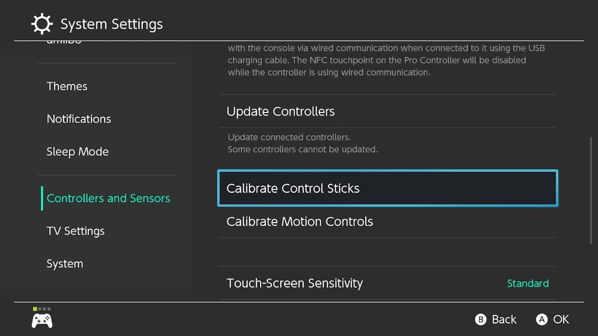 Switch Controllers and Sensors menu with the Calibrate Control Stick option highlighted.