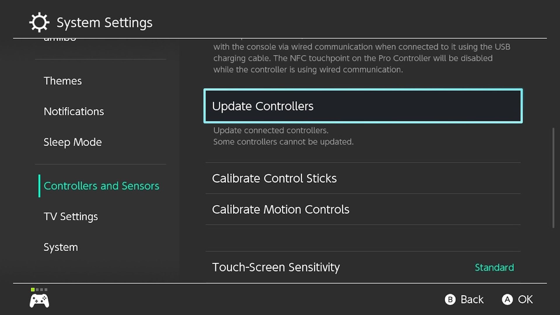 Switch Controllers and Sensors menu with the Update Controllers option highlighted.