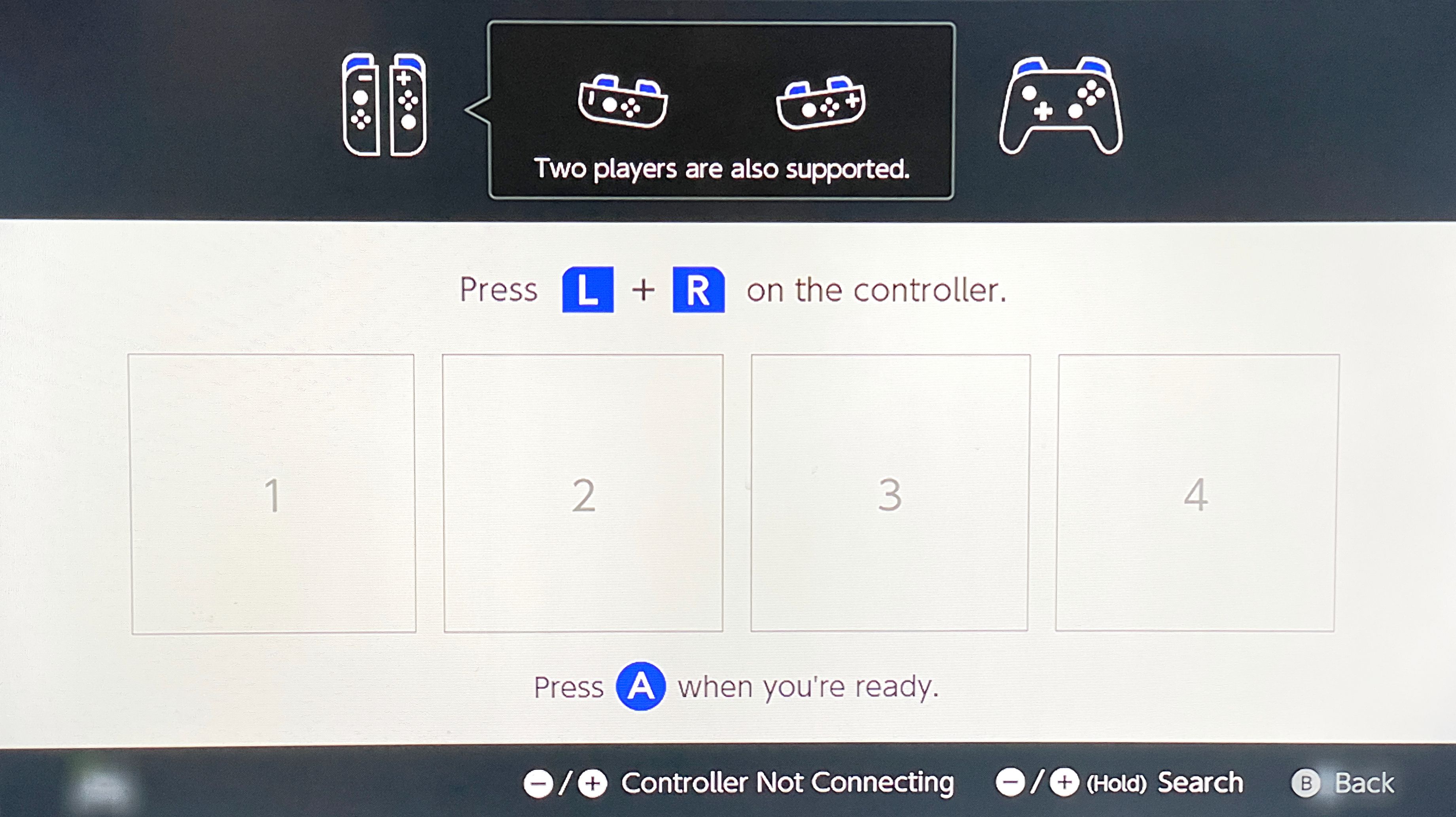 Controller connection option screen on the Nintendo Switch.