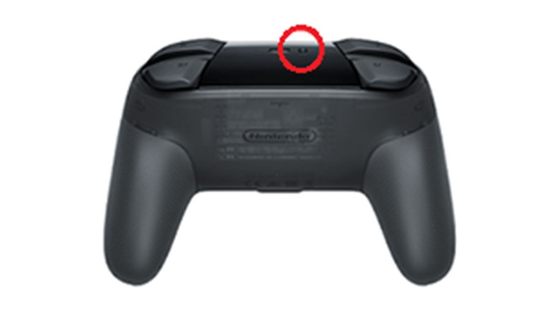 Bottom of a Pro Controller with the Sync button circled in red.