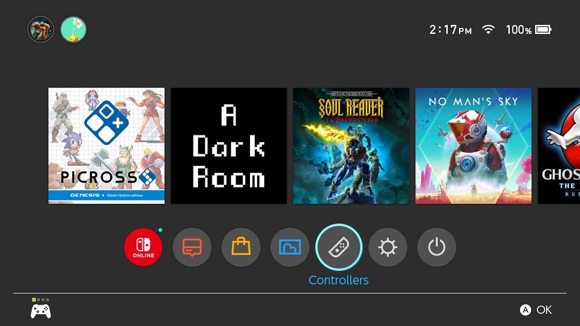 Nintendo Switch Home screen with the Controllers option highlighted in the menu.