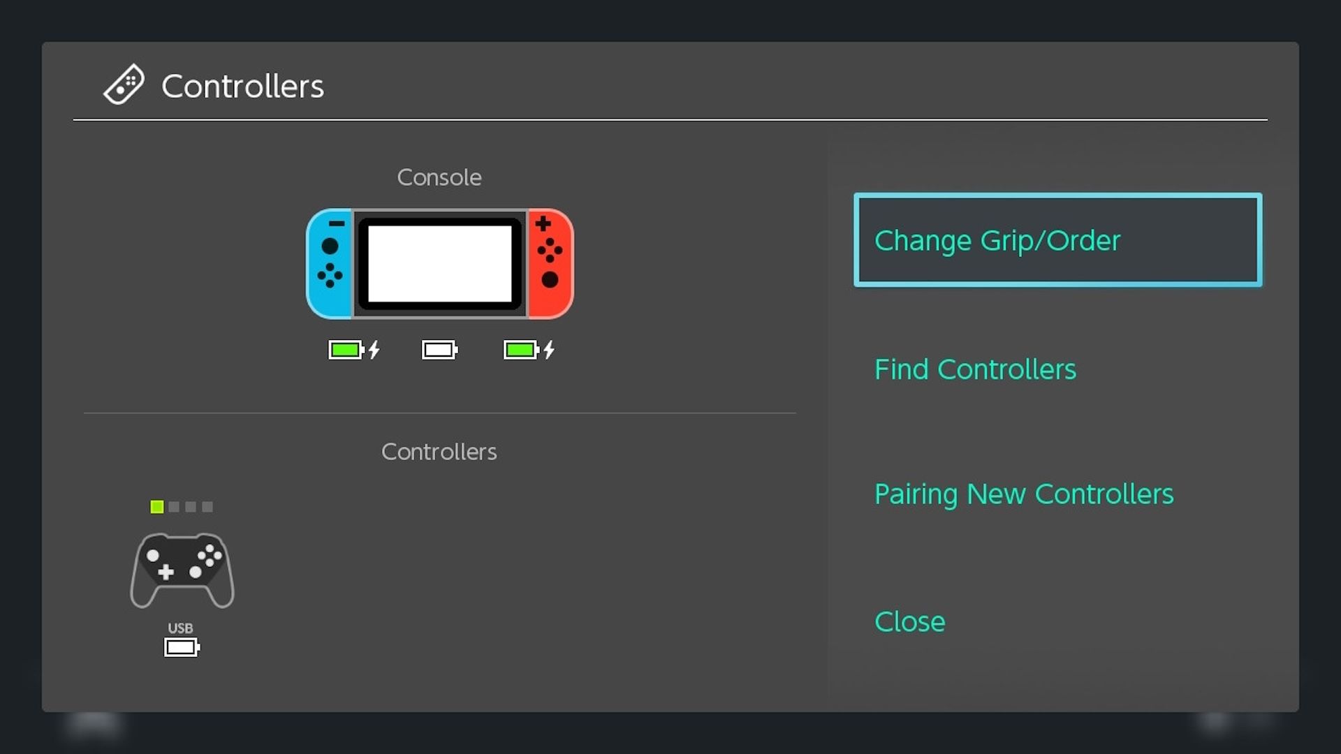 Nintendo Switch menu option for Change Grip/Order.