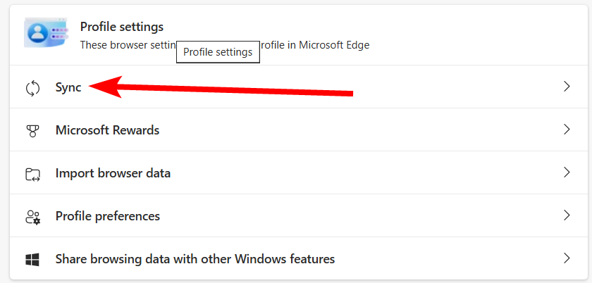 The "Sync" option in Microsoft Edge's settings.