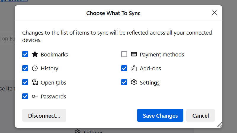 Choosing what to sync in Firefox.