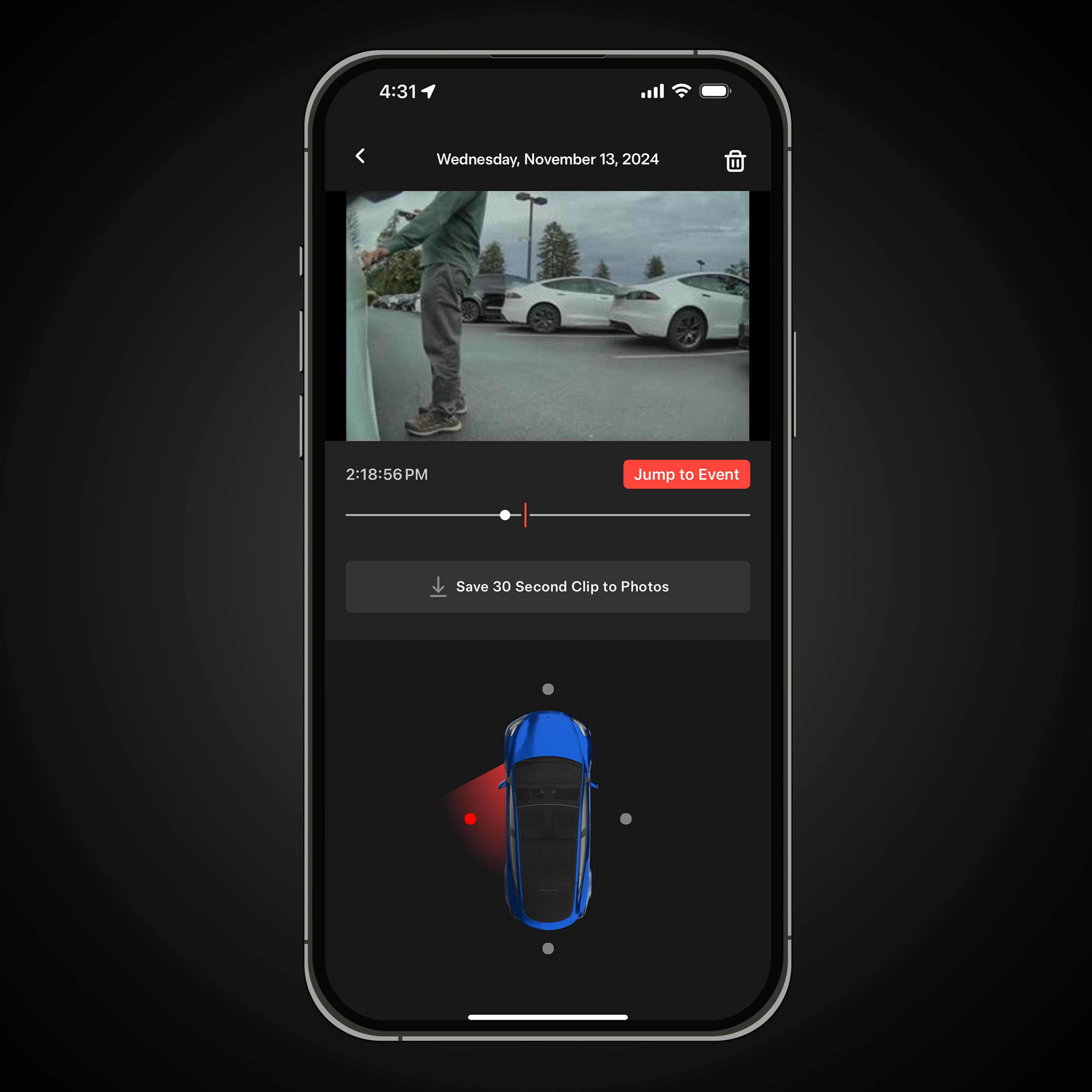 Tesla's iPhone app showcasing viewing Sentry Cam footage remotely.