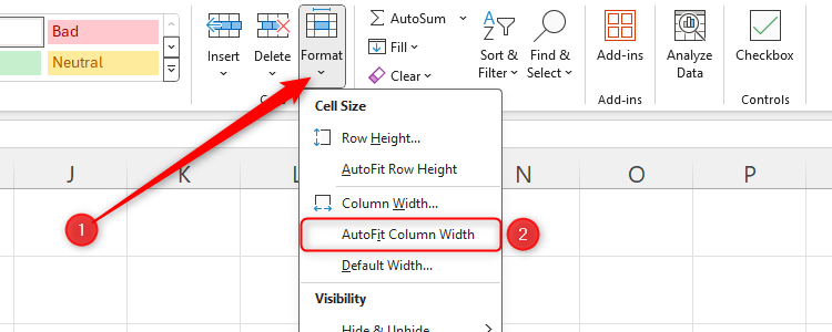 The AutoFit Column Width in Excel's Format drop-down in the Home tab is selected.