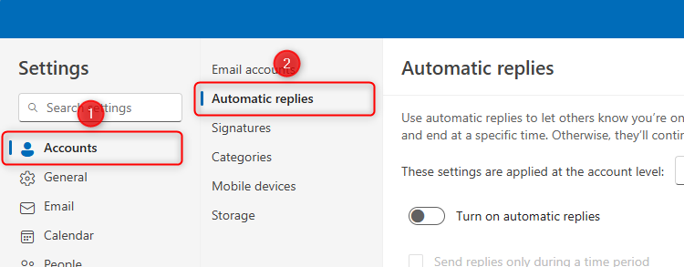 The Automatic Replies options, accessed via the Accounts menu in the new Microsoft Outlook settings.