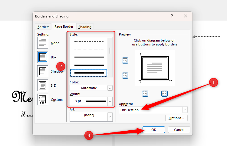 The Borders And Shading dialog box in Word, with This Section selected in the Apply To drop-down, and an appropriate style, color, and width selected in the options.