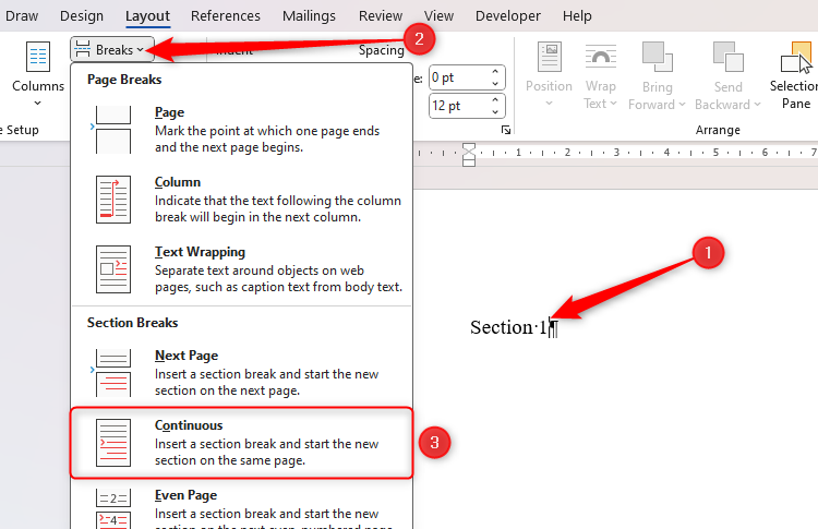 The Breaks drop-down in Microsoft Word, with 'Continuous' selected.-1