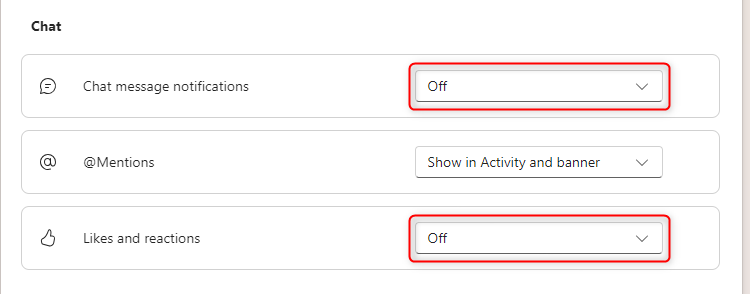 The Chat notification settings in Microsoft Teams turned to 'Off'.