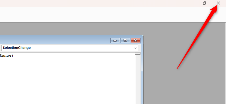 The close 'X' in the top-right corner of Excel's VBA window.