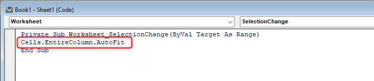 The code Cells.EntireColumn.AutoFit is added to the VBA in Excel.