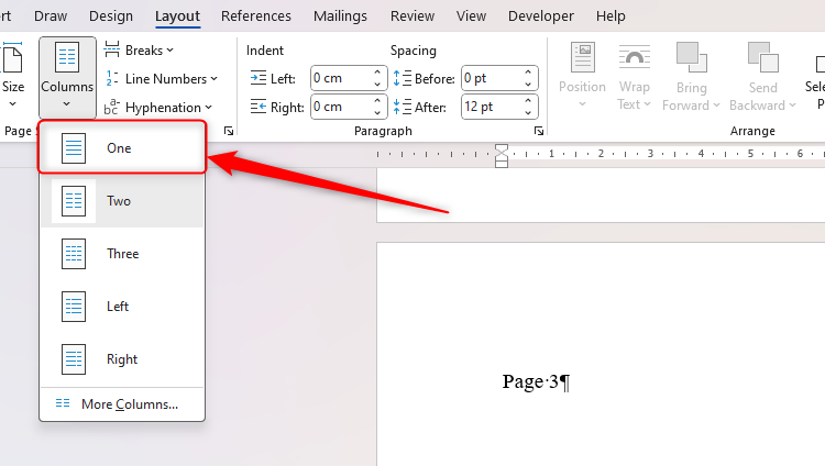 The Columns drop-down in Microsoft Word is opened, with 'One' selected.