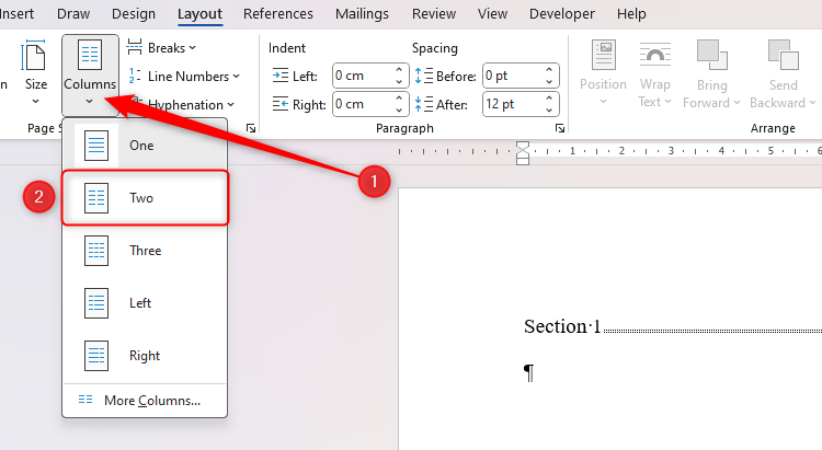 The Columns drop-down in Microsoft Word is opened, with 'Two' selected to divide the section into two columns.