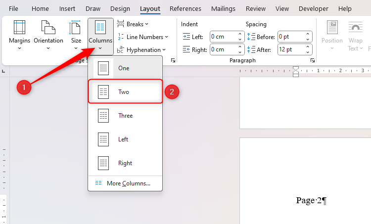 The Columns drop-down in Microsoft Word is opened, with 'Two' selected.