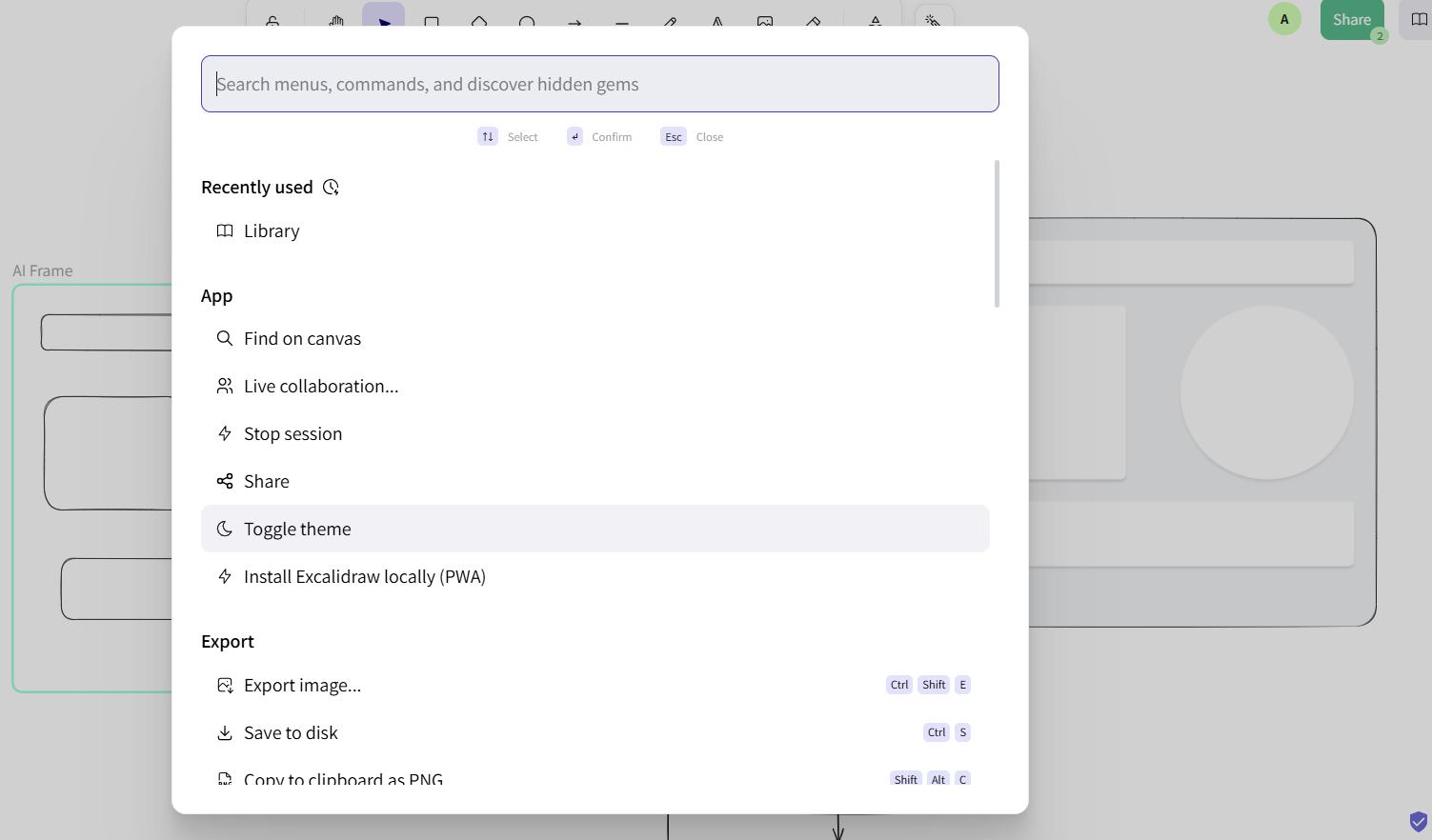 The command palette window in Excalidraw.