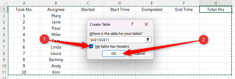 The Create Table dialog box in Excel with the My Table Has Headers checkbox checked.