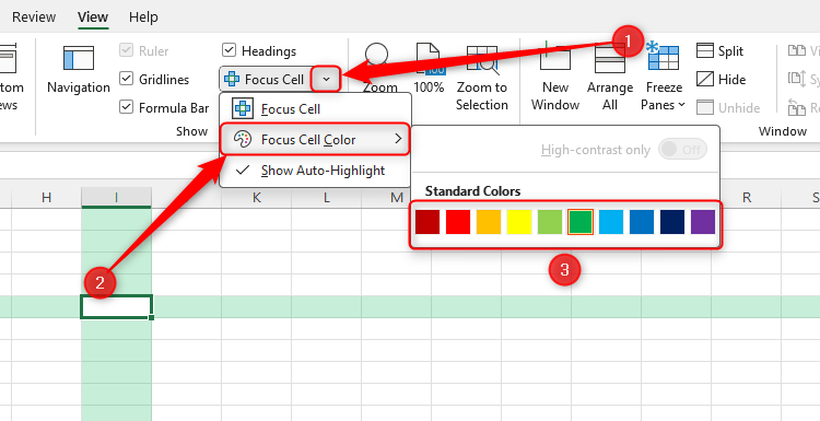 The different color options in Excel's Focus Cell feature.