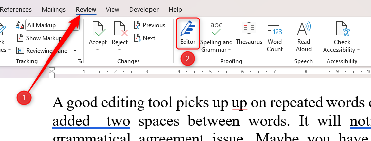 The Editor icon in the Review tab in Microsoft Word.