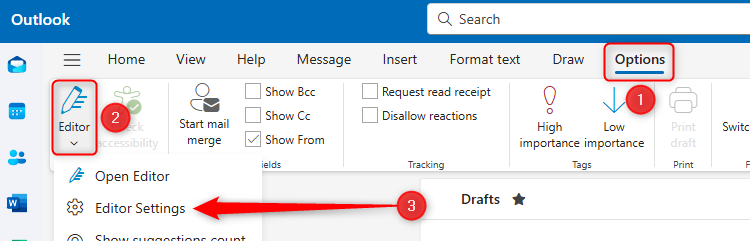 The Editor Settings option is selected in the Editor drop-down of the Options tab in the new Outlook.