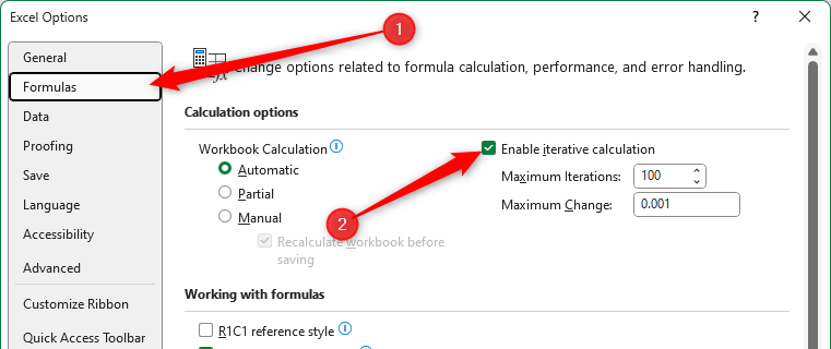 The Enable Iterative Calculations checkbox is checked in the Excel Options dialog window.