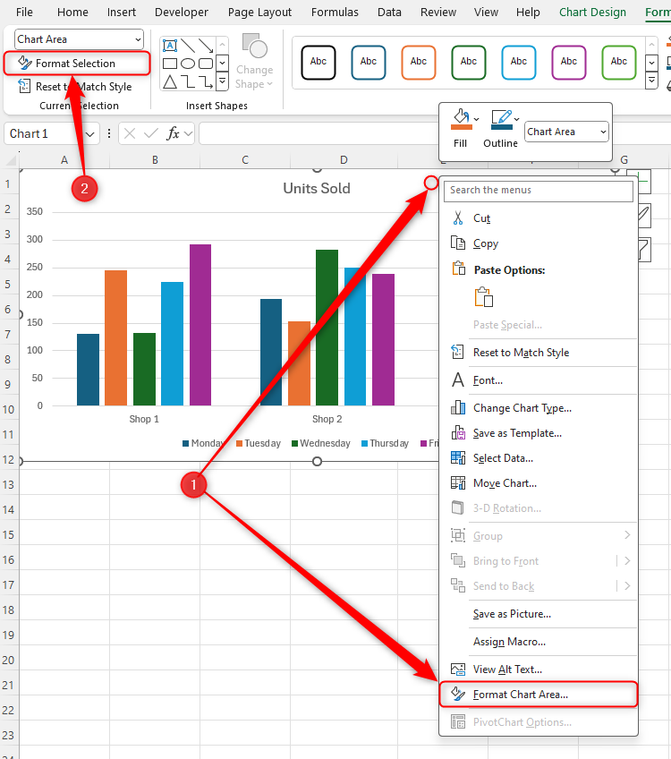 The Format Selection and Format Chart Area options in Excel.