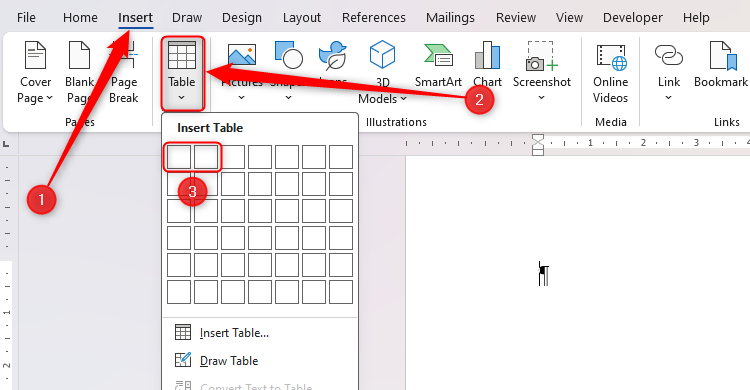 The Insert Table option in Microsoft Word, with one row and two columns selected on the grid.