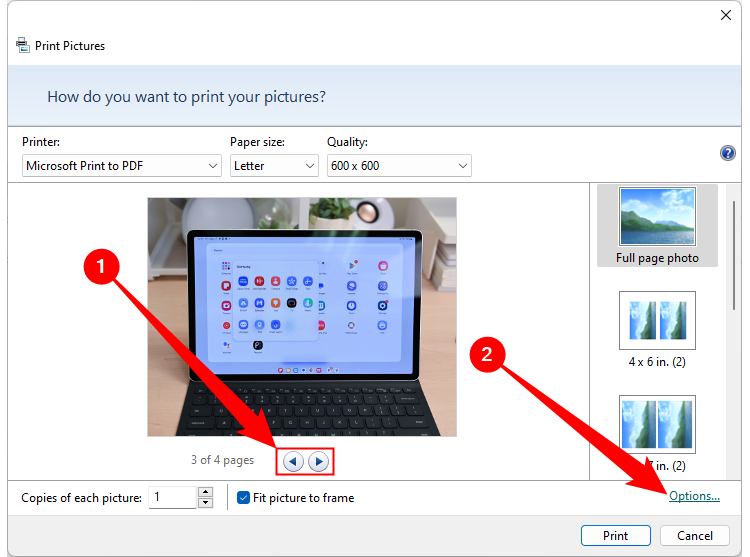 Click the left or right arrow buttons to move between images, or click "Options" to access more print settings. 