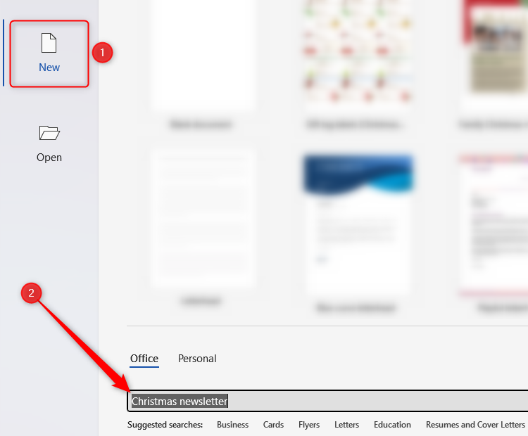 The Microsoft Word desktop app Welcome screen, with 'New' selected, and 'Christmas newsletter' typed into the template search.