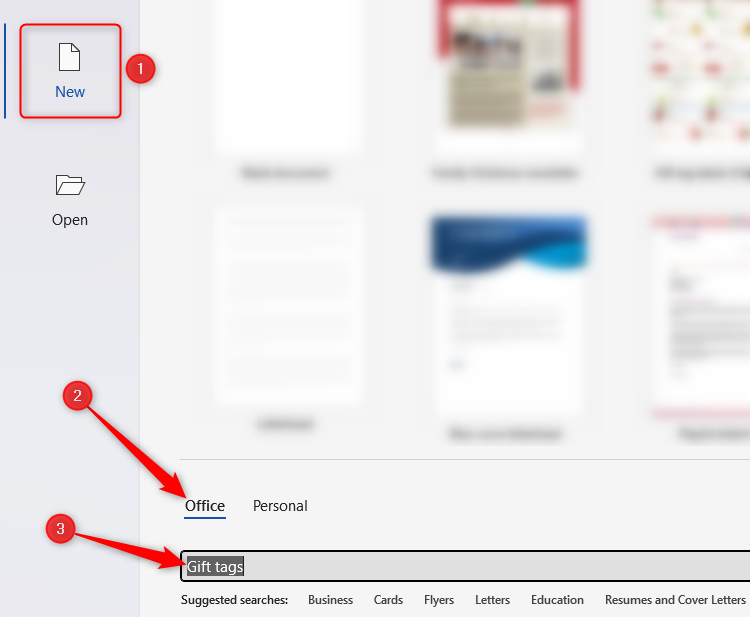 The Microsoft Word desktop app Welcome screen, with 'New' selected, and 'Gift tags' typed into the template search.