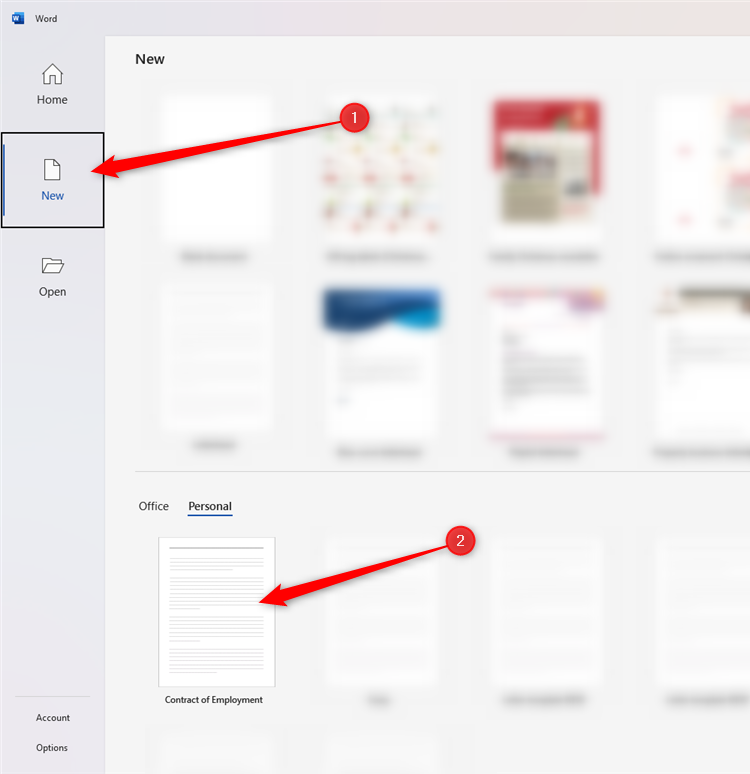 The Microsoft Word welcome page, with the Contract of Employment template accessed through the New tab.