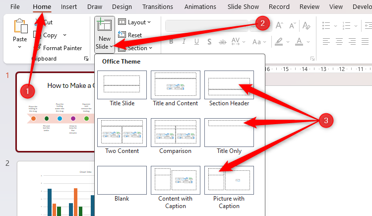 O menu suspenso Novo slide na guia Página inicial do PowerPoint, com os espaços reservados para títulos em alguns modelos de layout de slide destacados.