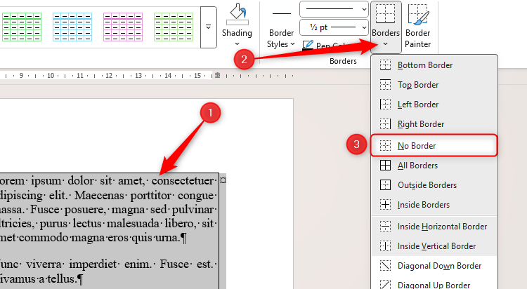 The No Border option in the table border drop-down in Microsoft Word.