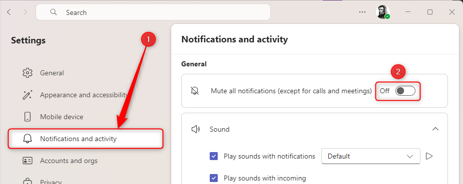 The Notifications And Activity menu in the Microsoft Teams settings, and the notifications toggle turned off.