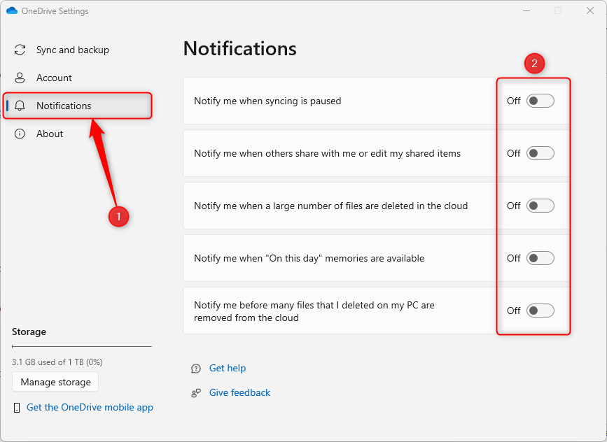 The OneDrive Notification settings, with all the options turned to Off.