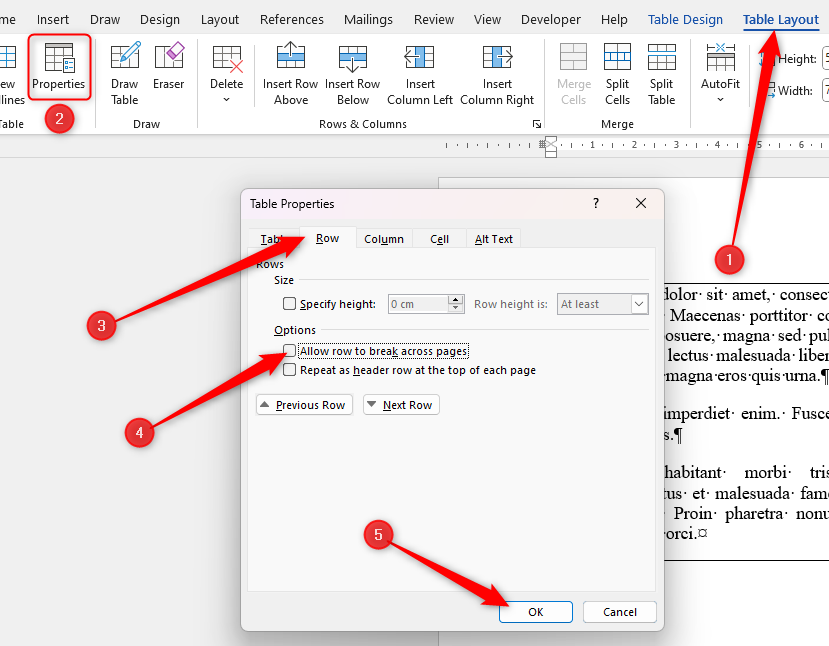 The option in Microsoft Word to stop the row breaking across pages in the Table Properties dialog box.