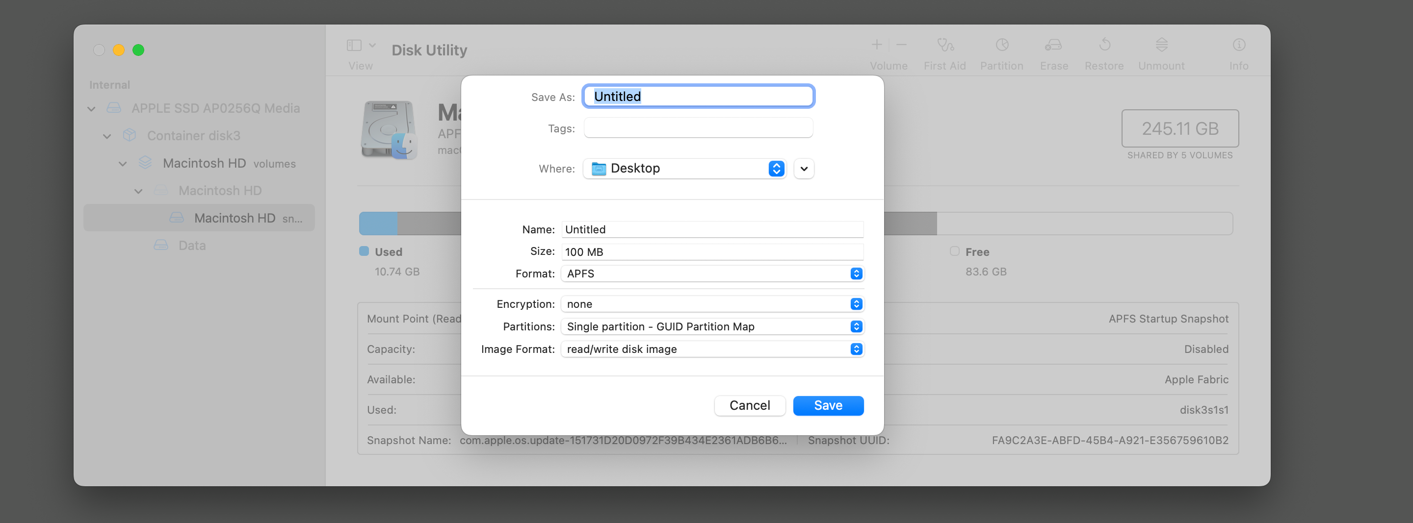 The options to create a blank image in Disk Utility.