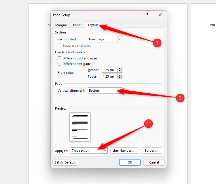 The Page Setup dialog box in Microsoft Word, with Bottom and This Section selected in the Layout tab.