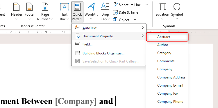 The Quick Parts drop-down in Microsoft Word, with the Abstract option in the Document Properties menu selected.