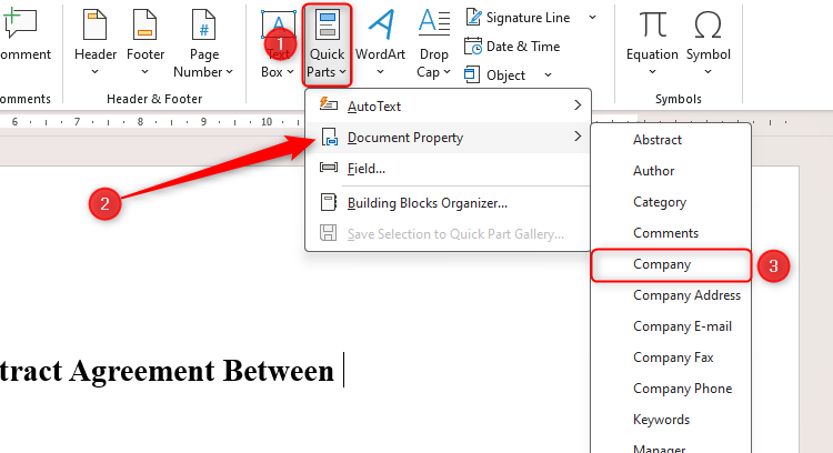 The Quick Parts drop-down in Microsoft Word, with the Company option in the Document Properties menu selected.